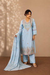 Handicraft embroidered neckline straight kurta with matching trousers and dupatta set for women