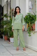ladies front embroidered button down tunic top with matching ankle length trousers co ord set