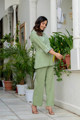 stylish women notch collar embroidered tunic top with elasticated waistband trousers set