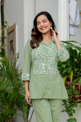 women 2 piece embroidered tunic top and pant co ord set for airport look and brunch