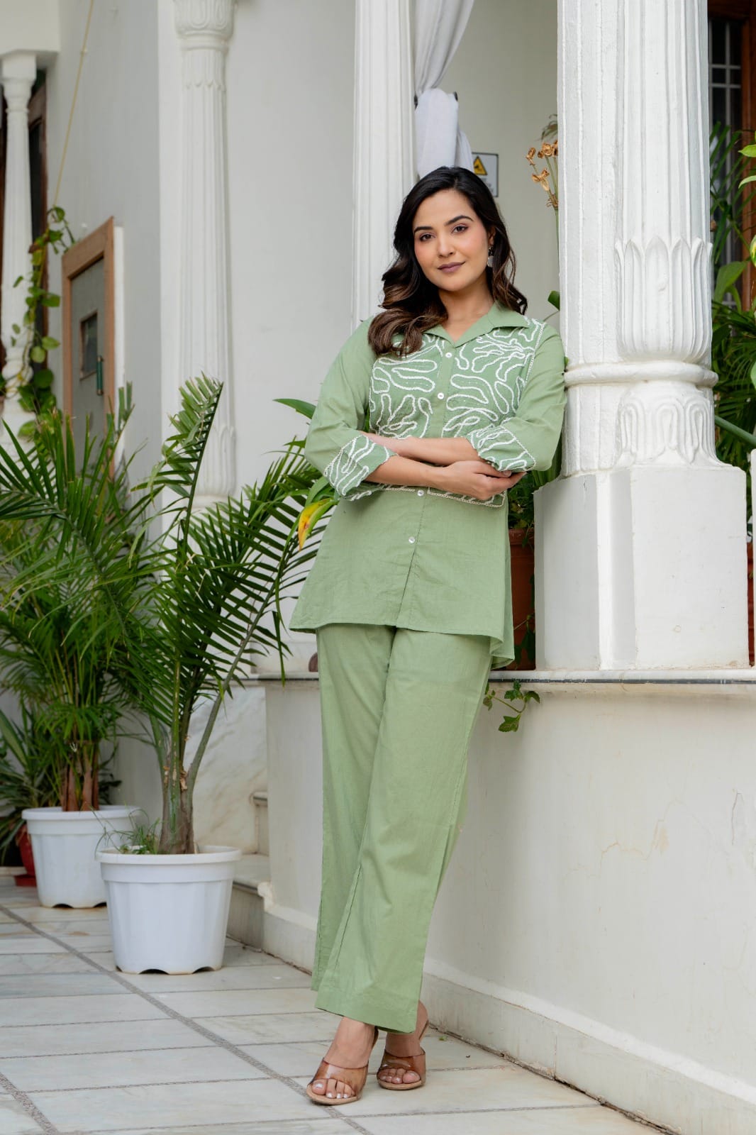 ladies smart casual embroidered tunic top with straight fit pants co ord ensemble
