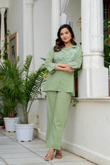 ladies smart casual embroidered tunic top with straight fit pants co ord ensemble