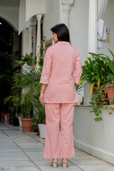 Elegant aesthetic co-ord outfit showcasing intricate floral line embroidery and a classic collar neck design.