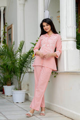 Women's cotton embroidery co-ord set featuring a collar neck short button-down top and matching straight-fit pants by The Kurti Shop.