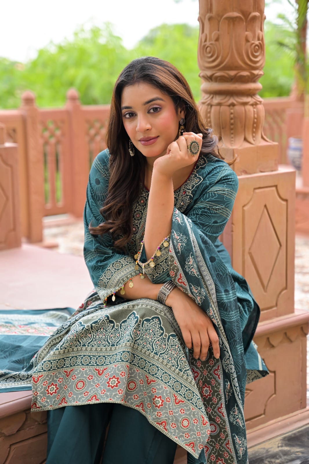 Stylish women's festive wear block-printed ethnic suit set with matching printed dupatta.