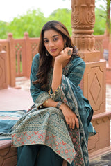 Stylish women's festive wear block-printed ethnic suit set with matching printed dupatta.