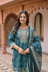 Close-up of elegant yoke embroidery and tassel detailing on a 3/4th sleeve printed kurti.