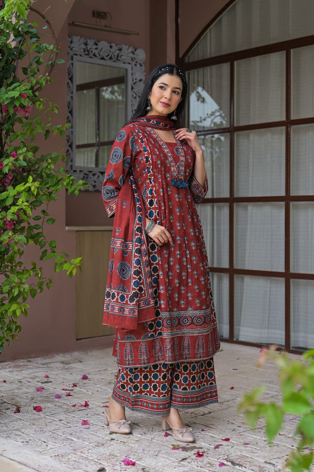 The Kurti Shop, Angrakha Kurti Pant Set, Flared Cotton Kurti, Block Print Ethnic Suit, Ajrakh Print Kurti Set, 3/4 Sleeve Angrakha Suit, Women Festive Wear Kurti, Office Wear Cotton Suit, Traditional Flared Suit Set, Designer Ethnic Trousers Set