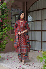 The Kurti Shop Women's Pure Cotton Traditional Ajrakh Print Angrakha Anarkali Kurti with Matching Pant Set