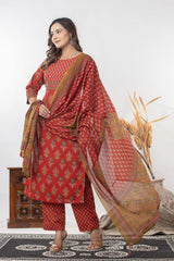 Ethnic printed kurti set with matching trousers and full length dupatta for women.