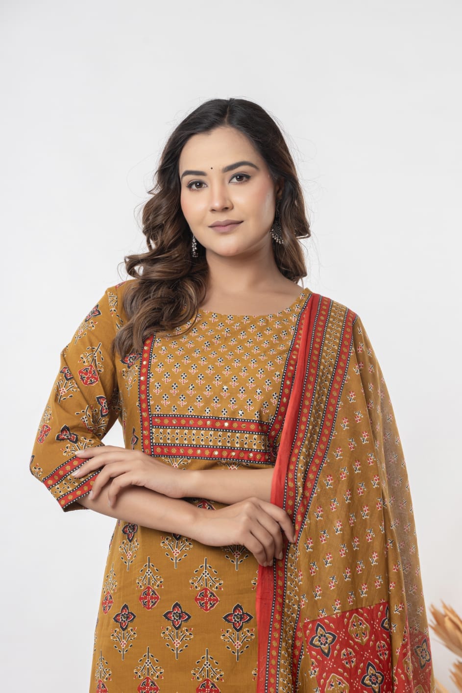Elegant women's printed kurti suit set with heavy patterned dupatta