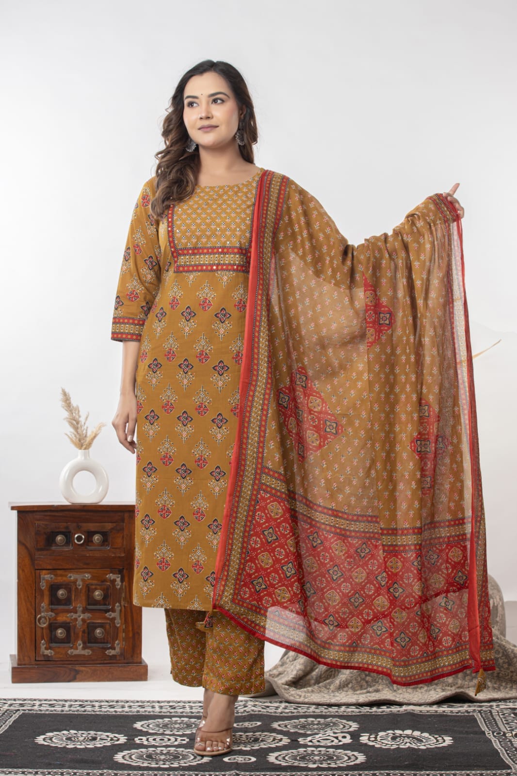 Elegant women's printed kurti suit set with heavy patterned dupatta