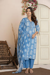 Women's printed straight kurti paired with trousers and patterned dupatta.