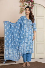Ethnic printed kurti set with matching trousers and full length dupatta for women