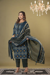 Women's designer geometric print straight kurti paired with trousers and printed dupatta