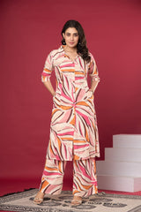 The Kurti Shop, Women Co Ord Set, Cotton Shirt Style Co Ord Set, Abstract Printed Co Ord Set, Collared Kurti Pant Set, Office Wear Co Ord Set for Women, Travel Friendly Ethnic Wear, 2 Piece Printed Trousers Set