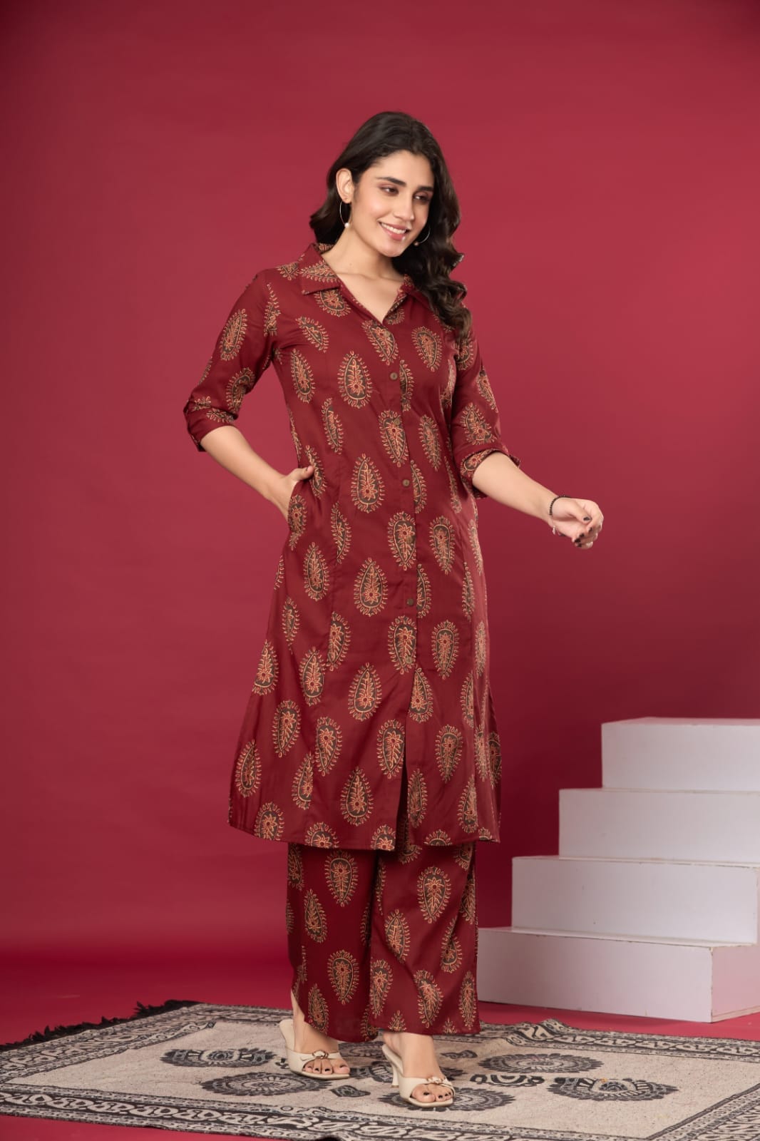 The Kurti Shop, Women Co Ord Set, 2 Piece Co Ord Set, Cotton Tunic Trouser Set, Paisley Printed Co Ord Set, Shirt Collar Co Ord Set, Office Wear Co Ord Set for Women, Casual Western Ethnic Wear, Travel Friendly Co Ord Set