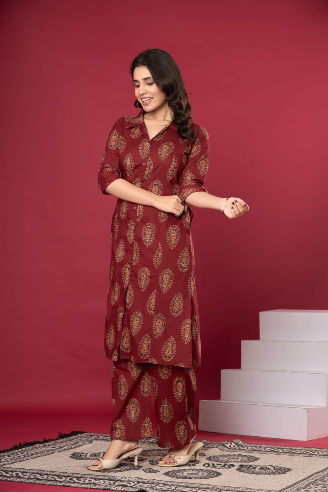 The Kurti Shop, Women Co Ord Set, 2 Piece Co Ord Set, Cotton Tunic Trouser Set, Paisley Printed Co Ord Set, Shirt Collar Co Ord Set, Office Wear Co Ord Set for Women, Casual Western Ethnic Wear, Travel Friendly Co Ord Set