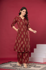 The Kurti Shop, Women Co Ord Set, 2 Piece Co Ord Set, Cotton Tunic Trouser Set, Paisley Printed Co Ord Set, Shirt Collar Co Ord Set, Office Wear Co Ord Set for Women, Casual Western Ethnic Wear, Travel Friendly Co Ord Set