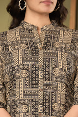 the kurti shop, women cotton kurti set, printed kurta pant set, kurti with pocket, black geometric print kurti, mandarin collar kurta set, office wear ethnic set, 3/4 sleeve straight kurti, ladies kurta pant set, traditional cotton dress, festive daily wear kurti, ethnic trousers combo set, ready to wear kurti pant
