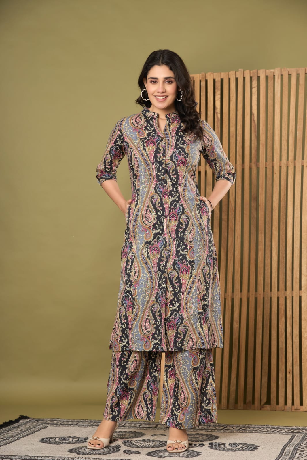 the kurti shop, the kurti shop kurta set, paisley printed kurti, women cotton kurta set, kurti palazzo set with pocket, mandarin collar kurta set, office wear ethnic set, 3/4 sleeve straight kurti, ladies kurta palazzo set, traditional cotton dress, daily wear kurti set, multicolor printed kurta, ready to wear kurti palazzo, ethnic straight kurta with palazzo, printed kurta set with pockets, casual summer cotton kurti pant
