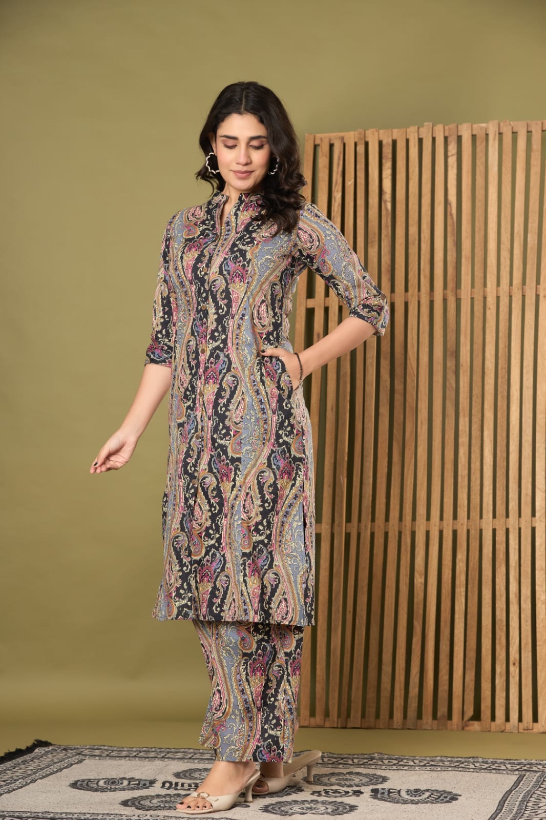 the kurti shop, the kurti shop kurta set, paisley printed kurti, women cotton kurta set, kurti palazzo set with pocket, mandarin collar kurta set, office wear ethnic set, 3/4 sleeve straight kurti, ladies kurta palazzo set, traditional cotton dress, daily wear kurti set, multicolor printed kurta, ready to wear kurti palazzo, ethnic straight kurta with palazzo, printed kurta set with pockets, casual summer cotton kurti pant