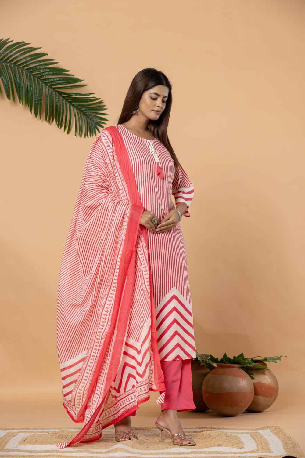 The Kurti Shop Women's Cotton Straight Line Kurti with Elasticated Pant & Dupatta Set for Office, Party & Festive Wear