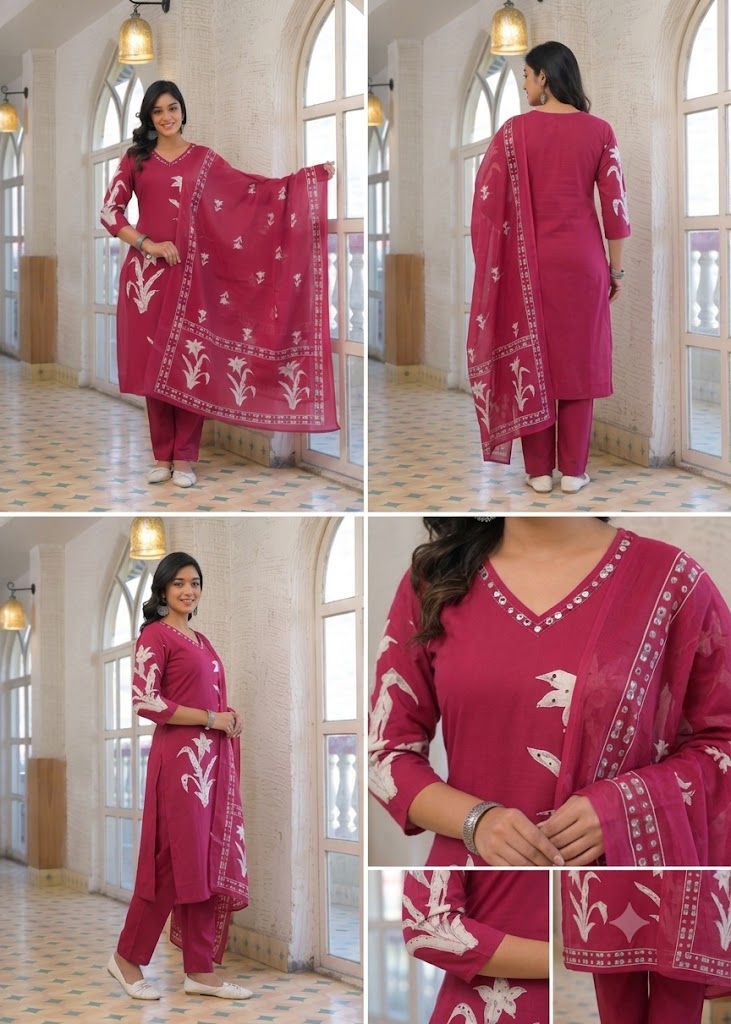 A four-panel collage showing a woman modeling a magenta pink ethnic salwar kameez suit with white floral embroidery. The panels show front, back, and close-up views of the kurta, pants, and dupatta in a bright, arched corridor with tiled floors.