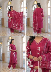 A four-panel collage showing a woman modeling a magenta pink ethnic salwar kameez suit with white floral embroidery. The panels show front, back, and close-up views of the kurta, pants, and dupatta in a bright, arched corridor with tiled floors.