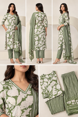 Green Floral Printed 3 Piece Kurta Set with Striped Pant & Dupatta