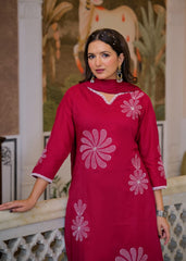 Women’s Orange Pink Floral Embroidered Kurta Pant Dupatta Set