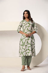 Green Floral Printed 3 Piece Kurta Set with Striped Pant & Dupatta