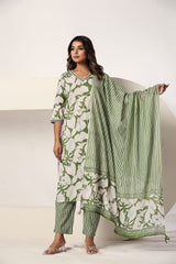 Green Floral Printed 3 Piece Kurta Set with Striped Pant & Dupatta