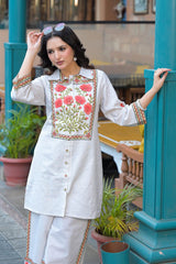 Women’s White Floral Embroidered Kurta Pant Set | 2 Piece Ethnic Wear