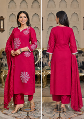 Women’s Orange Pink Floral Embroidered Kurta Pant Dupatta Set