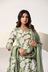 Green Floral Printed 3 Piece Kurta Set with Striped Pant & Dupatta