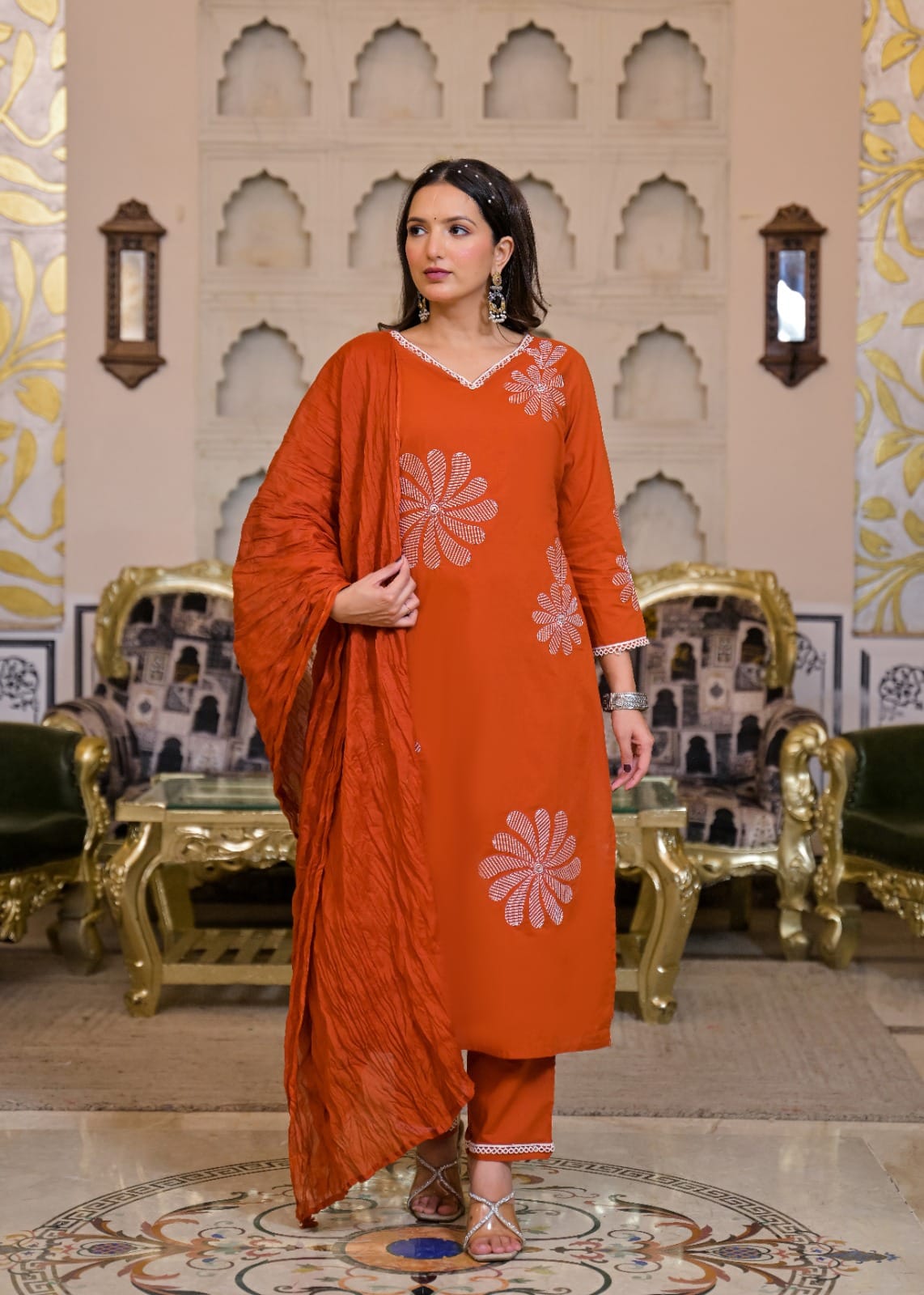 Women’s Orange Pink Floral Embroidered Kurta Pant Dupatta Set