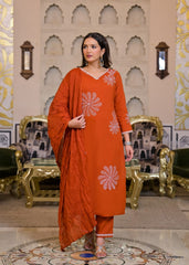 Women’s Orange Pink Floral Embroidered Kurta Pant Dupatta Set