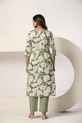 Green Floral Printed 3 Piece Kurta Set with Striped Pant & Dupatta