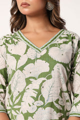 Green Floral Printed 3 Piece Kurta Set with Striped Pant & Dupatta