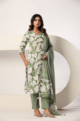 Green Floral Printed 3 Piece Kurta Set with Striped Pant & Dupatta