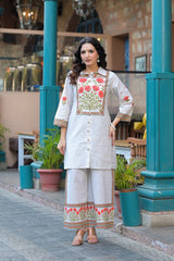 Women’s White Floral Embroidered Kurta Pant Set | 2 Piece Ethnic Wear