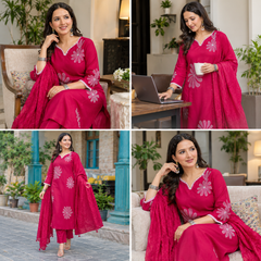Women’s Orange Pink Floral Embroidered Kurta Pant Dupatta Set