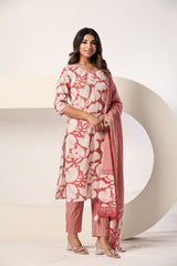 Green Floral Printed 3 Piece Kurta Set with Striped Pant & Dupatta