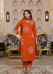 Women’s Orange Pink Floral Embroidered Kurta Pant Dupatta Set