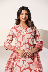 Green Floral Printed 3 Piece Kurta Set with Striped Pant & Dupatta