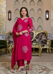 Women’s Orange Pink Floral Embroidered Kurta Pant Dupatta Set